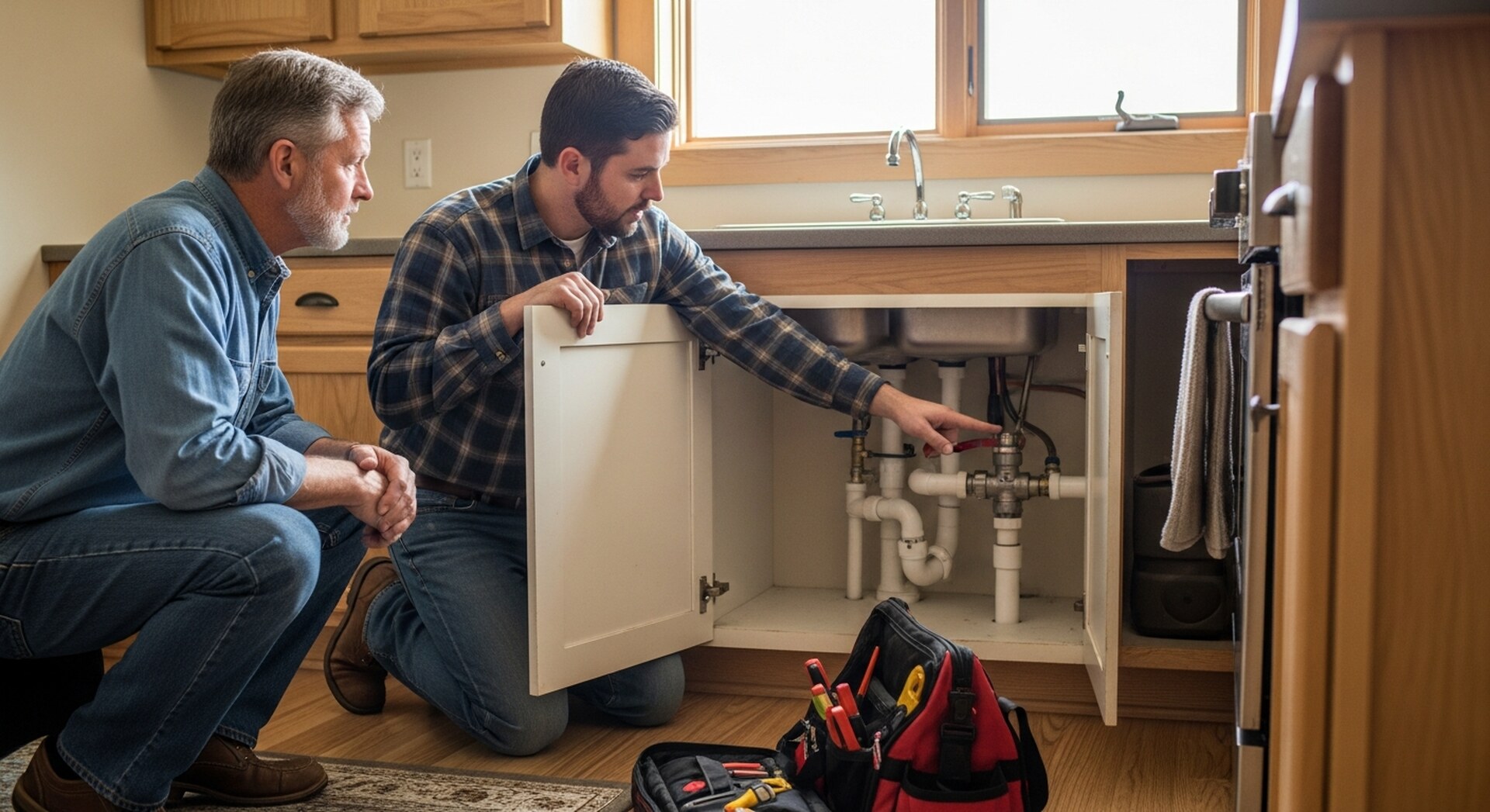 Plumber walking a homeowner through an under-sink pipe repair in a Montana kitchen