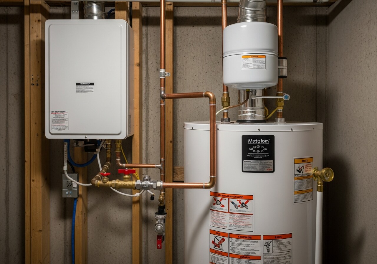 Residential tank water heater installed with copper piping in a Billings, MT basement mechanical room