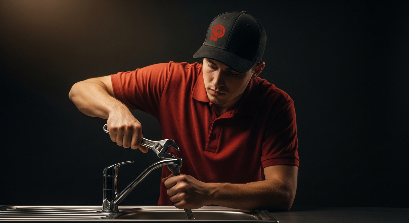 Prime Plumbing technician in a red polo and Prime Plumbing cap repairing a kitchen sink faucet